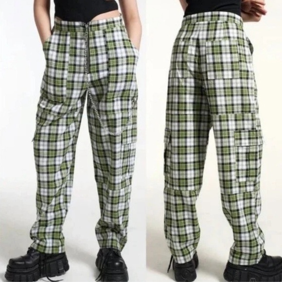 The Ragged Priest Green Plaid Cargo Combat Cotton Pants Size Medium - Picture 3 of 9
